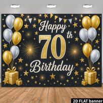 2D black gold luxury 70th birthday backdrop fabric - polyester material - suitable for indoor living room / outdoor courtyard 47.2x31.5inch/120*80cm