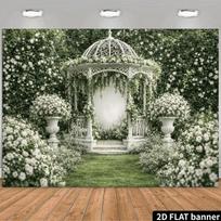 2D White Gazebo and Greenery Themed Wedding Backdrop Photo Background Banner 47.2x31.5inch/120*80cm