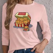 Tops For Women Burger Cat Print Round Neck Long Sleeve T-shirt Fall Casual Slim Pullover Women's Long Sleeve Top XS rožinė