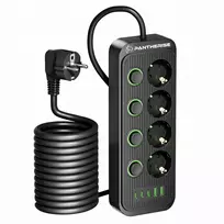 Ilgintuvas Pantherise, 4 lizdai, 2x USB-A, 3x USB-C, atskiri jungikliai, 5 m