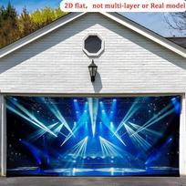 2D flat-print party banner, with blue stage lighting, is perfect for use in a garage setting. 47.2x31.5inch/120*80cm