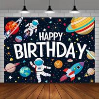 1 Space Happy Birthday Decoration Astronaut Spaceship Theme Large Birthday Banner Background Cloth 47.2x31.5inch/120*80cm