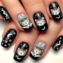 24pcs Cat Moon Stars Press-On Nails - Short Square Glossy Fake Nails - Cute Cartoon Cat Design for Hands & Feet