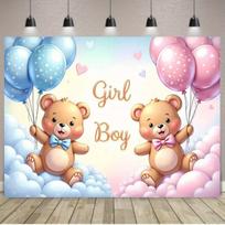 A gender reveal party banner featuring designs of bears clouds and pink balloons as a background for celebration photography 47.2x31.5inch/120*80cm