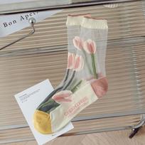 Ultra-thin Transparent Crystal Silk Socks Women Fashion Summer Harajuku Crew Socks Retro Flower Streetwear Elastic Long Socks KTB