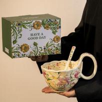 High value retro French ceramic cup lily oil painting coffee cup saucer set afternoon tea latte mug 450ml