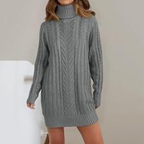 Women's Fall And Winter Knitted Long-Sleeve Turtleneck Cable-Knit Slim-Fit Sweater Dress L