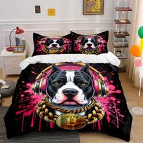 Dog with Headphones and Bitcoin Necklace Bedding Set for Kids Luxury Gift 3pcs Digital Print Comforter Set Soft Comfortable 135x200cm