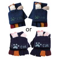 Knitted Mittens Kids Winter Gloves Toddler Thicken Cozy Ski Gloves Windproof Mitten Unisex Boy Girl Half Finger Gloves tamsiai mėlyna spalva