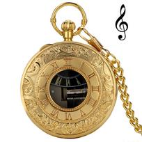 Exquise Gold Musical Movement Pocket Watch Hand Crank Playing Music Watch Chain Roman Number Carved Clock Happy New Year Gifts auksas