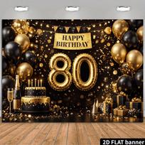 2D flat 1 piece of luxurious black and gold birthday backdrop for 80-year-olds balloons triangular flags and champagne 47.2x31.5inch/120*80cm