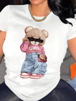 Women's 100% Polyester Short-Sleeved T-Shirt Teddy Bear Print round Neck Graphic Top Aesthetic Casual Shirt Summer S