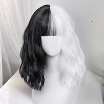 Juodai baltas perukas - Mergaitės Yin-Yang šukuosenos perukas - Juodos ir baltos raganos Kuiaros Helovino Cosplay trumpų garbanų perukas - Anime kasdienio Cosplay perukas as the picture white