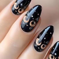 24pcs Glossy Press On Nail Almond Shape False Nail with Black Cats Designs Stylish Stick On Nail Gift for Women Manicure 1