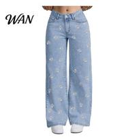 High Elasticity Denim Girl's Bow Cherry Print Baggy Jeans, Wide Leg Mid Waisted Women Jeans Pants, Zipper Fly Elastic Casual Streetwear with Pockets S