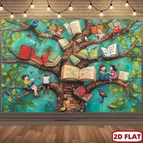 1pc, 2D flat, book tree backdrop with reading figures, birds, and butterflies - suitable for classroom decoration and education, 47.2x31.5inch/120*80cm