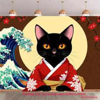 2D plane colorful kimono black cat party decoration outdoor celebration banner background fabric polyester fiber 47.2x31.5inch/120*80cm