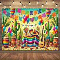 One piece of Mexican festival decoration - with paper fans straw hats and maracas for indoor and outdoor background fabric 70.9x43.3inch/180*110cm blue