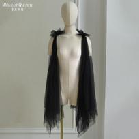 Black Tulle Bow Shoulder Streamer Cape, Pearl Decor Mesh Long Scarf Clip On Shrug for Satin Evening Prom Dress Gothic Wedding Bridal Photoshoot L juoda