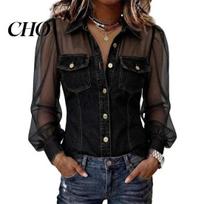 Country Concert Apparel Women Shirt Perspective Mesh Patchwork Cold Shoulder Long Sleeve Detail Denim Blouse Tops Lapel Buttons Placket Clothing XL juoda