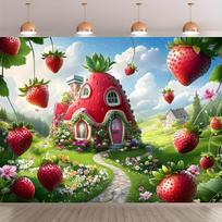 1 piece of strawberry house backdrop - A colorful photo wall featuring a dreamy cottage, strawberries and flower patterns 47.2x31.5inch/120*80cm