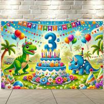 [Party Highlights] Vibrant dinosaur-themed three-year-old birthday backdrop - polyester fiber wall covering 47.2x31.5inch/120*80cm