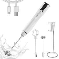 Rechargeable Milk Frother Handheld with 3 Speeds, Powerful Whisk Drink Mixer with 2 Head for Coffee, Foam Maker White CHINA