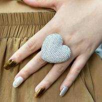 Three-Dimensional Large Heart Rhine Stone Ring Women's INS Style Diy Handmade Ring Fashionable And Trendy Jewelry Accessory Diameter 1.8cm