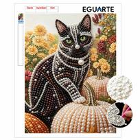 DIY Frameless Pearl Art Kit Black Cat Pumpkin Autumn Floral Design 3D Bead Painting Canvas Relaxing Handmade Craft for Home Decor 40x50cm beige