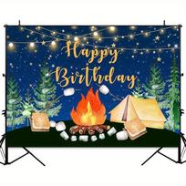 Camping birthday backdrop - Happy camper forest  Morse Barbecue  campfire party decorations, polyester background fabric 47.2x31.5inch/120*80cm