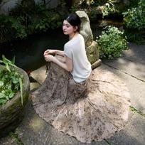 Sancai New Chinese Style Chiffon Printed A-Line Midi Skirt M