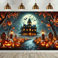 Halloween backdrop wall featuring ghost castles and pumpkin night scenes - made of polyester material banners 47.2x31.5inch/120*80cm