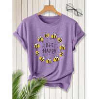 Cute Bee Happy Text Print Pattern Short Sleeve Vintage Round Neck T Fresh and childlike style loose-fitting shirt 2026 Elegant casual fashion for S violetinė