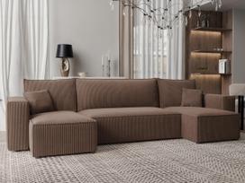 Minkštas kampinis sofa svetainės kambariui PARIS U su miego funkcija ir patalynės dėže Spalvos: Poso 06 (Ruda)