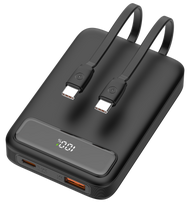 Išorinė baterija DELTACO, 10 000 mAh, 2 integruoti USB-C laidai, PD 20 W, juodas / PB-CC100 / 1903845|PB-CC100