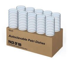 100 vnt. Petri lėkštelės su dangteliais, 90 mm skersmens ir 15 mm gylio, skaidrios