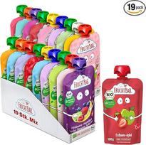 "FruchtBar Organic Squeeze Treasure Chest", vertinga pakuotė su 19 skirtingų rūšių vaisių tyrelėmis, užkandžiai kūdikiams nuo 6 mėnesių ir vaikams