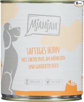"MjAMjAM" - "Premium" drėgnas ėdalas šunims - sultinga vištiena su delikatesine antiena ant mažų morkų ir virtų sorų, 6 vnt. (6 x 800 g), be grūdų, su papildoma mėsa