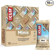 CLIF BAR Minis užkandis su baltojo šokolado ir makadamijos riešutų skoniu, su 4 g augalinio baltymo – užkandis kelionei, 10 vnt. po 28 g