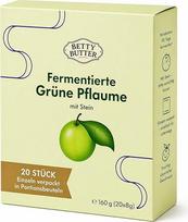 Fermentuotos žalios slyvos su kauliukais, 20 vnt. po 8 g (160 g), atskirai supakuotos, vaisinio skonio ir rūgštelės užkandis, slyvos pagardintos „Matcha“ žaliosios arbatos milteliais