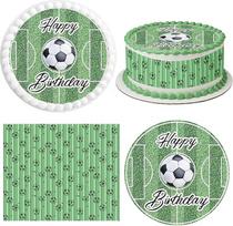 Futbolo torto papuošalas, 1 vnt. valgomas torto papuošalas, skersmuo 20 cm + 4 vnt. torto juostelių, valgomų, 24 cm x 5 cm, torto papuošalas „Futbolo aikštė“, torto papuošalas vaikų gimtadieniui (žalias ZQ-B)