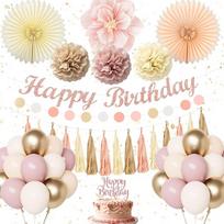 Gimtadienio dekoracijos moterims ir mergaitėms, gimtadienio vakarėlio dekoracijos rožinės ir auksinės spalvos su gimtadienio balionais, „Happy Birthday“ dekoracinis transparantas, pomponai gimtadienio dekoracijoms moterims ir mergaitėms