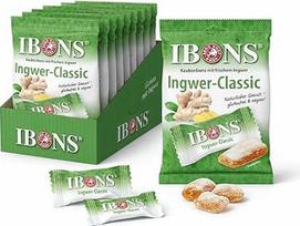 IBONS „Ginger Sweets Classic“ – minkšti imbieriniai kramtomieji saldainiai su tikru šviežiu imbieru – saldūs ir šiek tiek aštrūs – veganiški, be glitimo, atitinkantys halal reikalavimus ir be laktozės – 10 maišelių po 92 g