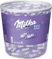 Milka Alpenmilch (Alpių pienas) Naps, 1 x 1 g, burnoje tirpstantys mini šokolado batonėliai, pagaminti iš švelnaus Alpių pieno šokolado, skardinė