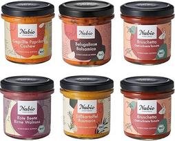 NABIO dėžutė su 6 Viduržemio jūros regiono ekologiškais užtepais | 100 % veganiški | Kreminiai užtepai ir padažai | Be konservantų | 6 x 135 g