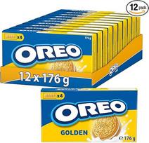 OREO Golden – 12 vnt. po 176 g – traškūs, auksinės spalvos, kepti kvietiniai sausainiai su vanilės skonio grietinėlės įdaru