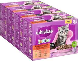 Whiskas Junior Katzenfutter Klassische Auswahl in Sauce, 12x85g (4 pakuotės) - Hochwertiges Nassfutter für heranwachsende Katzen von 2 bis 12 Monaten in 48 Portionsbeuteln