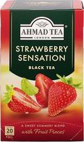 „Ahmad Tea“ – „Strawberry Sensation“ – Juodoji arbata su braškėmis – Su vaisių gabalėliais – Atskirai supakuoti, aromatą išlaikantys arbatos maišeliai, kuriuose vienoje porcijoje yra 2 g arbatos – 20 arbatos maišelių su juostele