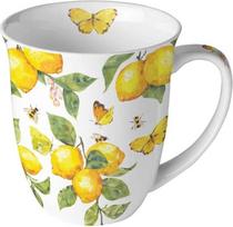 „Ambiente“ porcelianinis puodelis, „Bone China“ puodelis, 400 ml, baltas su citrinomis ir drugeliais, 10 cm skersmens, kavai ir arbatai „Fresh Lemons White“