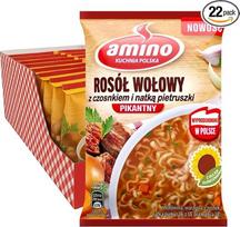 „Amino“ jautienos sultinys su makaronais, 22 x 60 g – greitai paruošiama pikantiška sriuba – česnako skonio